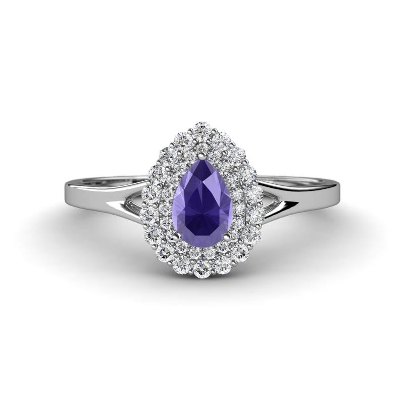 Kristen Rainbow Pear Cut Iolite and Round Diamond Halo Engagement Ring 