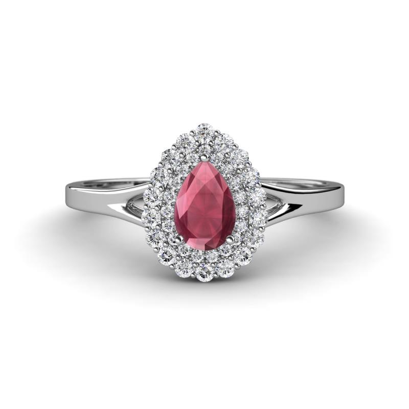 Kristen Rainbow Pear Cut Rhodolite Garnet and Round Diamond Halo Engagement Ring 