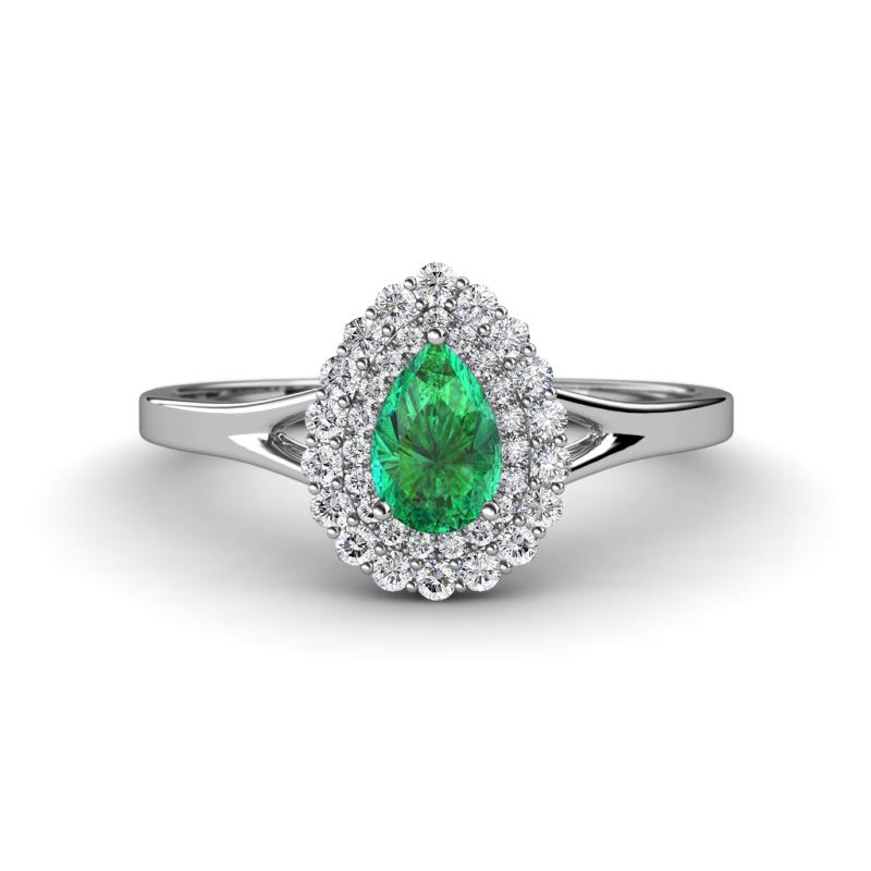 Kristen Rainbow Pear Cut Emerald and Round Diamond Halo Engagement Ring 