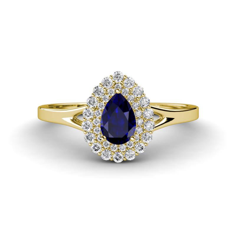 Kristen Rainbow Pear Cut Blue Sapphire and Round Diamond Halo Engagement Ring 