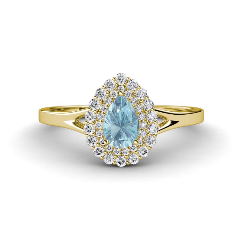 Kristen Rainbow Pear Cut Aquamarine and Round Diamond Halo Engagement Ring 