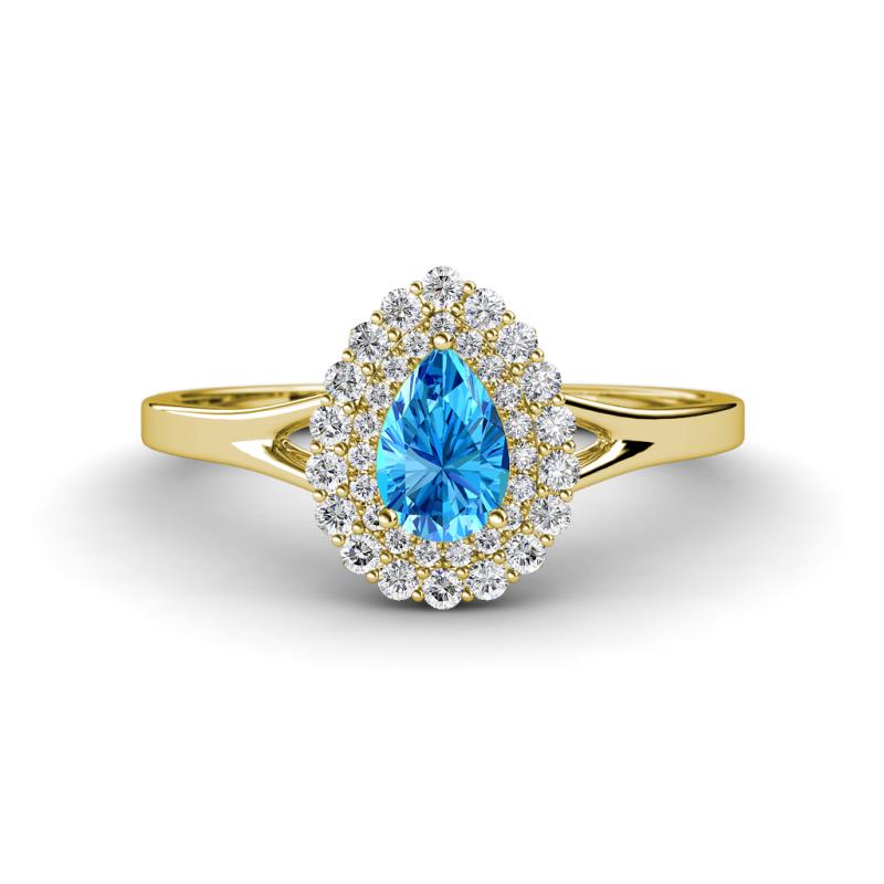 Kristen Rainbow Pear Cut Blue Topaz and Round Diamond Halo Engagement Ring 