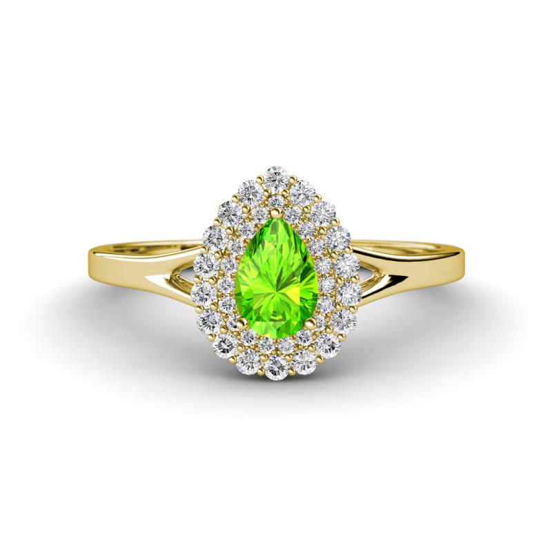 Kristen Rainbow Pear Cut Peridot and Round Diamond Halo Engagement Ring 