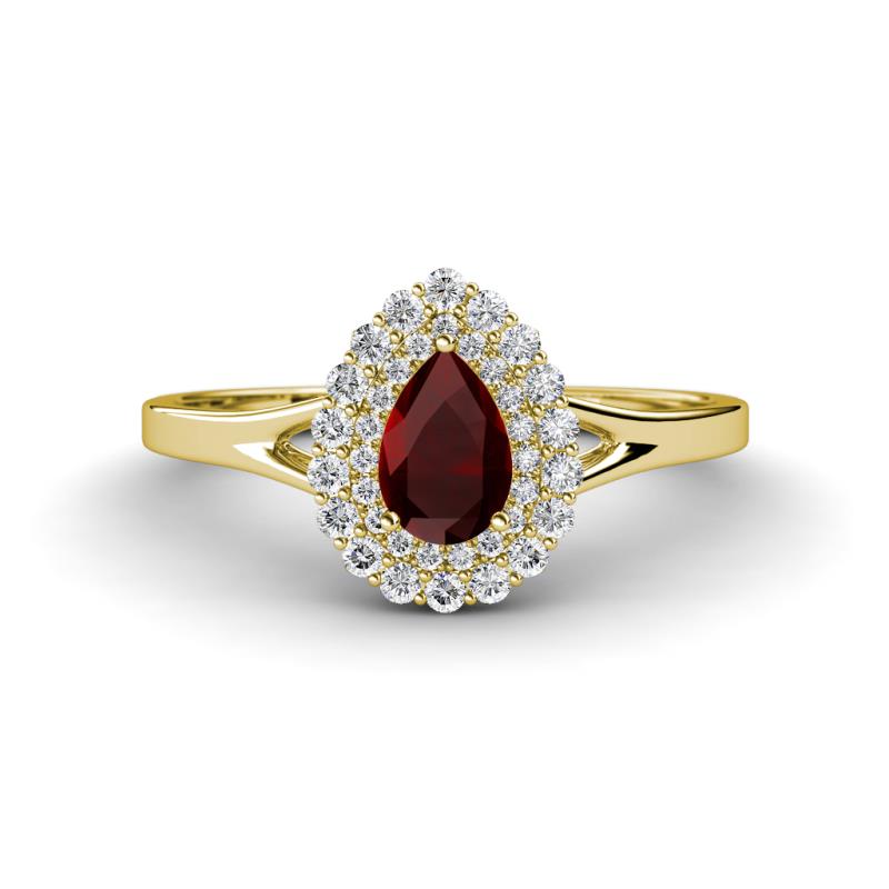 Kristen Rainbow Pear Cut Red Garnet and Round Diamond Halo Engagement Ring 