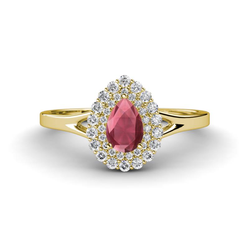 Kristen Rainbow Pear Cut Rhodolite Garnet and Round Diamond Halo Engagement Ring 
