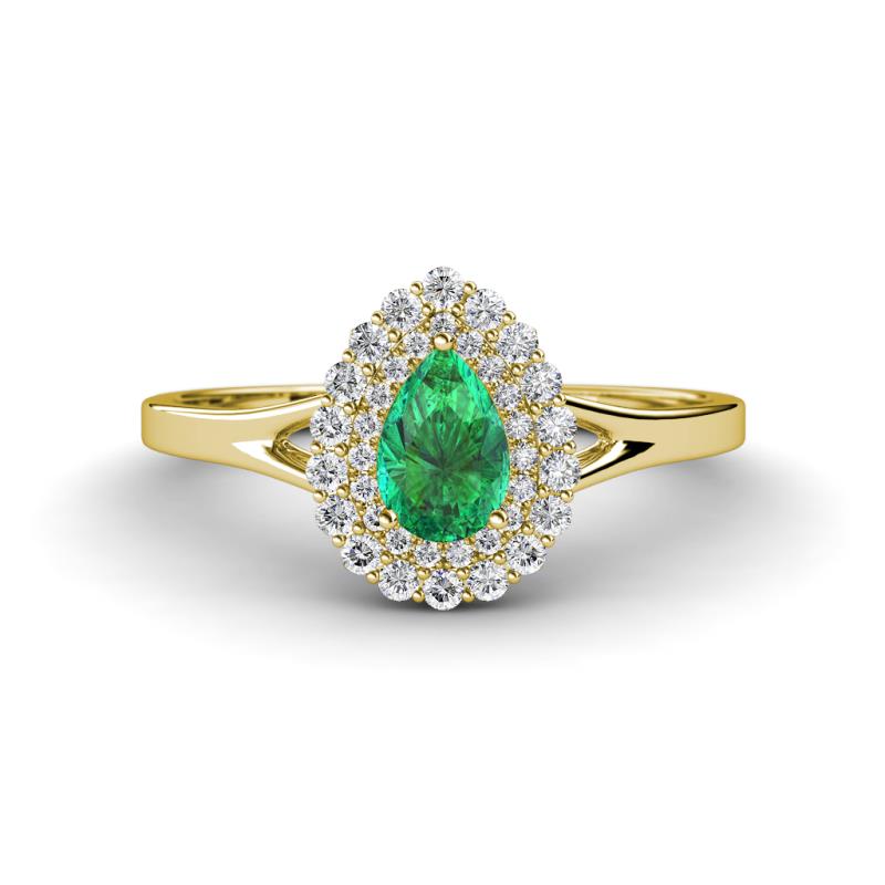 Kristen Rainbow Pear Cut Emerald and Round Diamond Halo Engagement Ring 