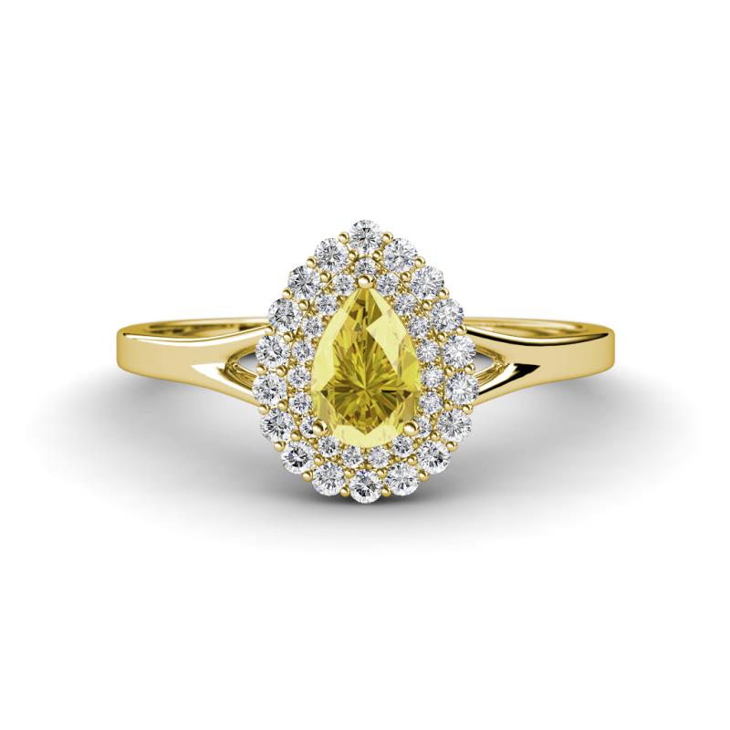 Kristen Rainbow Pear Cut Yellow Sapphire and Round Diamond Halo Engagement Ring 
