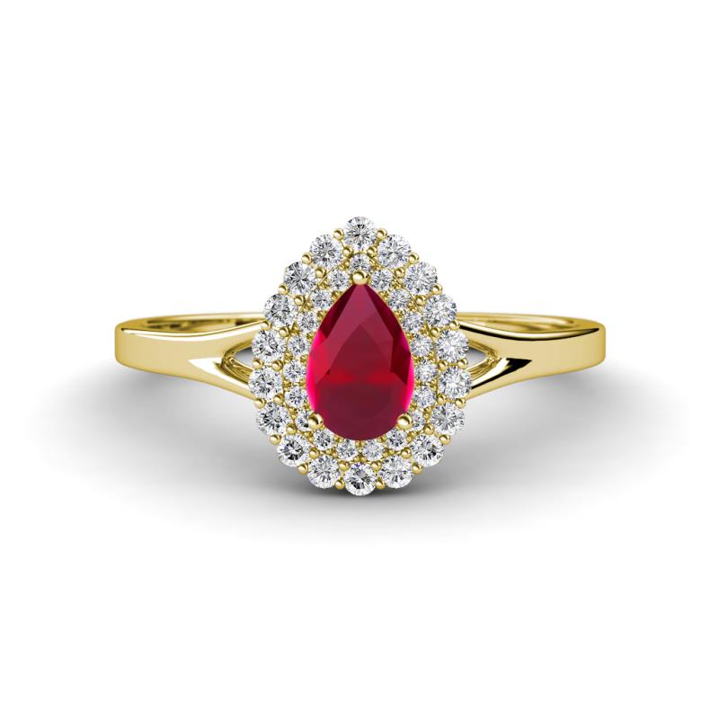 Kristen Rainbow Pear Cut Ruby and Round Diamond Halo Engagement Ring 