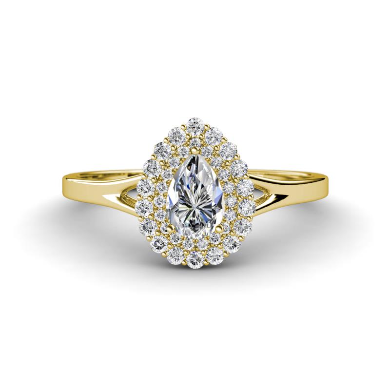 Kristen Rainbow Pear Cut and Round Diamond Halo Engagement Ring 