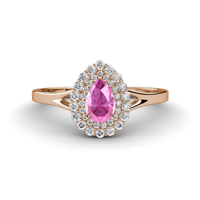 Kristen Rainbow Pear Cut Pink Sapphire and Round Diamond Halo Engagement Ring 