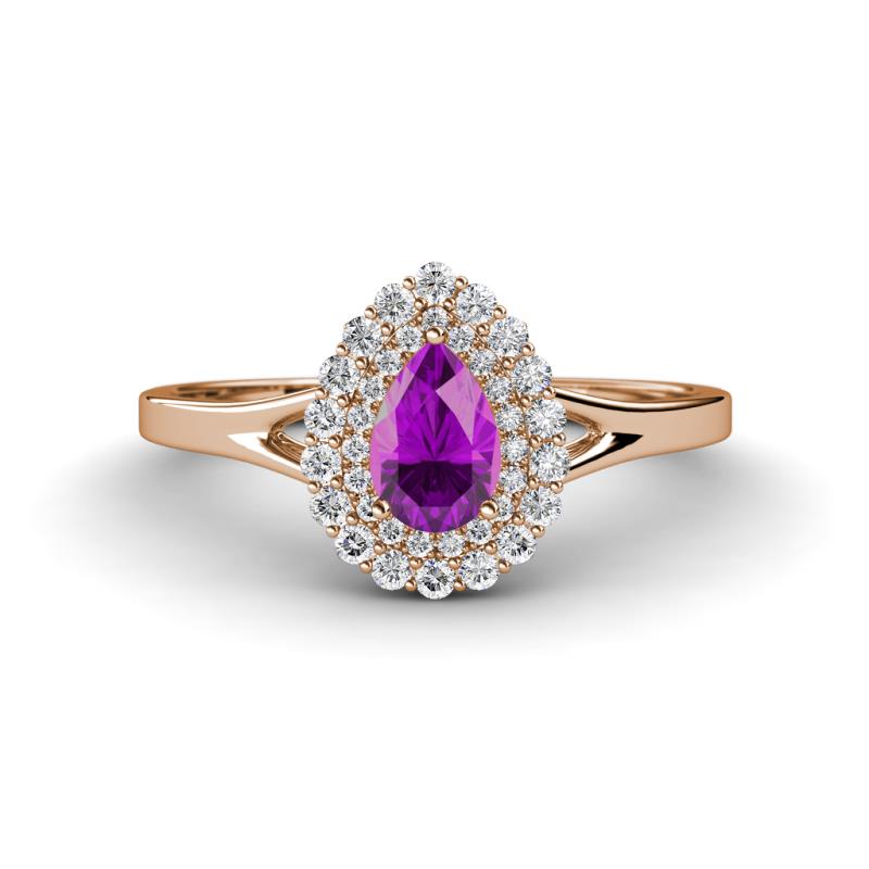 Kristen Rainbow Pear Cut Amethyst and Round Diamond Halo Engagement Ring 