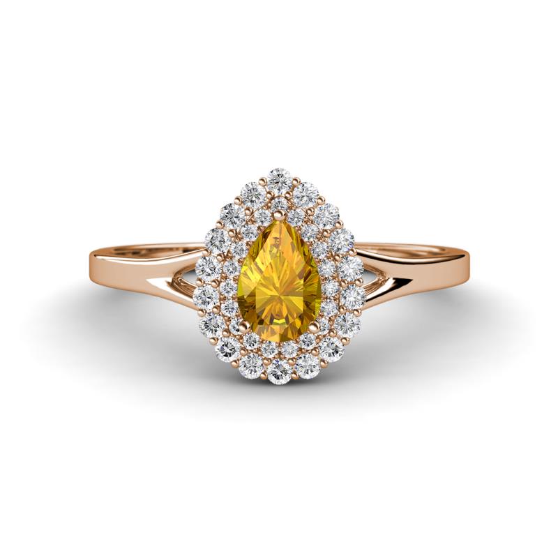 Kristen Rainbow Pear Cut Citrine and Round Diamond Halo Engagement Ring 