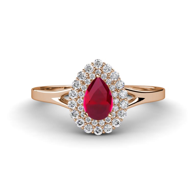Kristen Rainbow Pear Cut Ruby and Round Diamond Halo Engagement Ring 