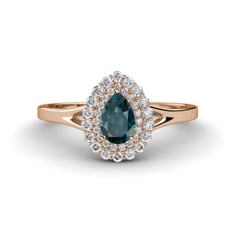 Kristen Rainbow Pear Cut London Blue Topaz and Round Diamond Halo Engagement Ring 