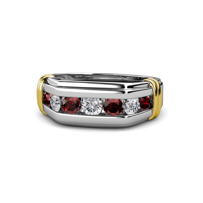 Brad Round Red Garnet and Diamond 7 Stone Men Wedding Ring 