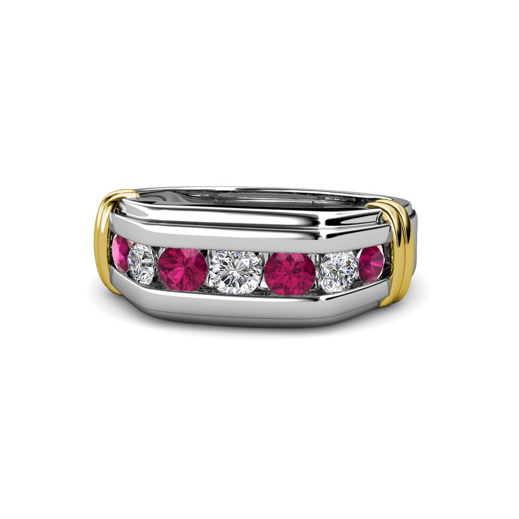 Brad Round Rhodolite Garnet and Diamond 7 Stone Men Wedding Ring 
