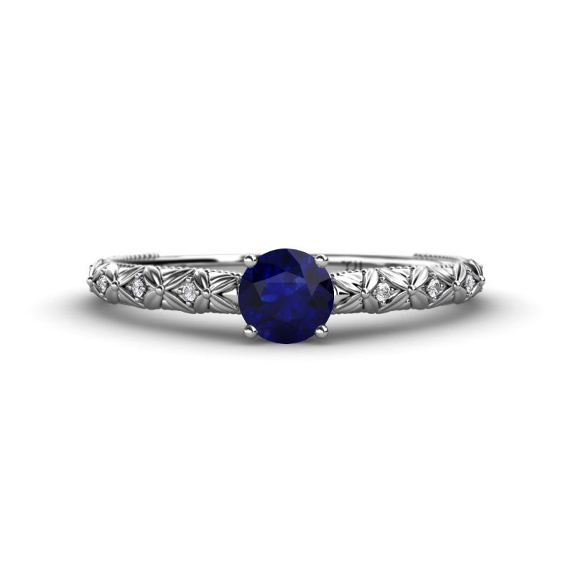 Daisy Classic Round Blue Sapphire and Diamond Floral Engraved Engagement Ring 