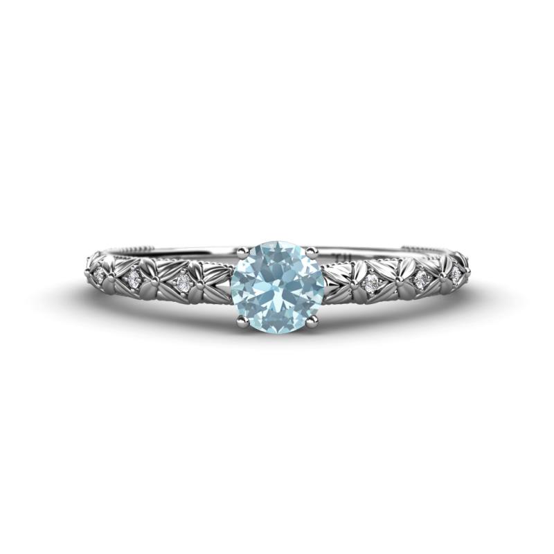 Daisy Classic Round Aquamarine and Diamond Floral Engraved Engagement Ring 