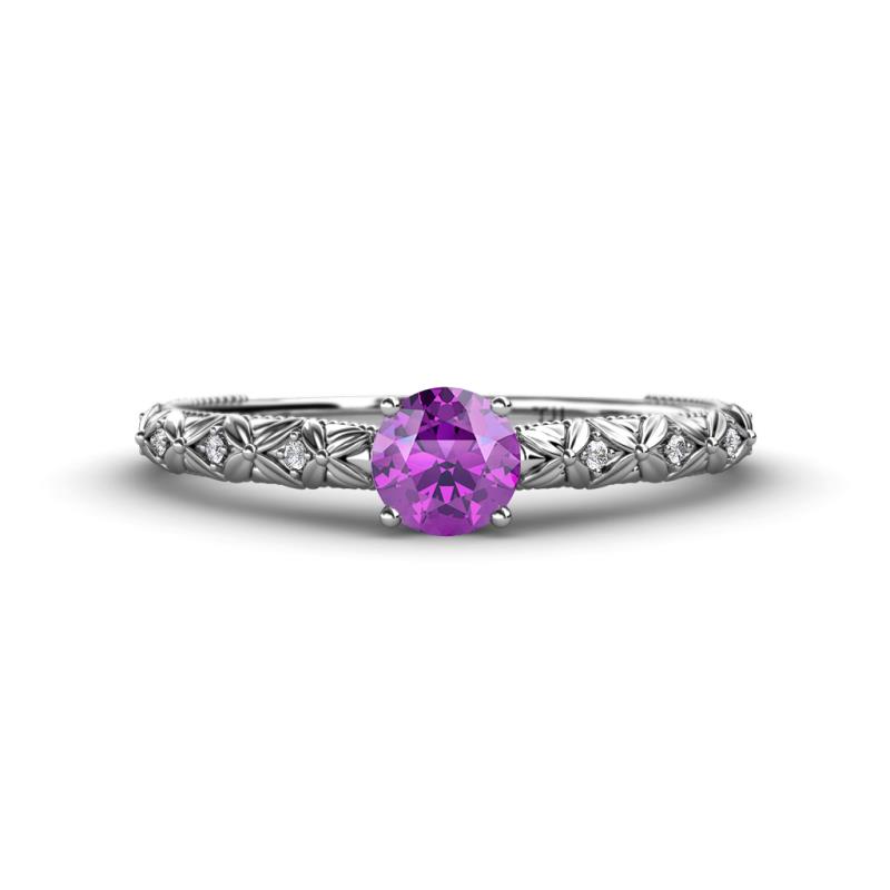 Daisy Classic Round Amethyst and Diamond Floral Engraved Engagement Ring 
