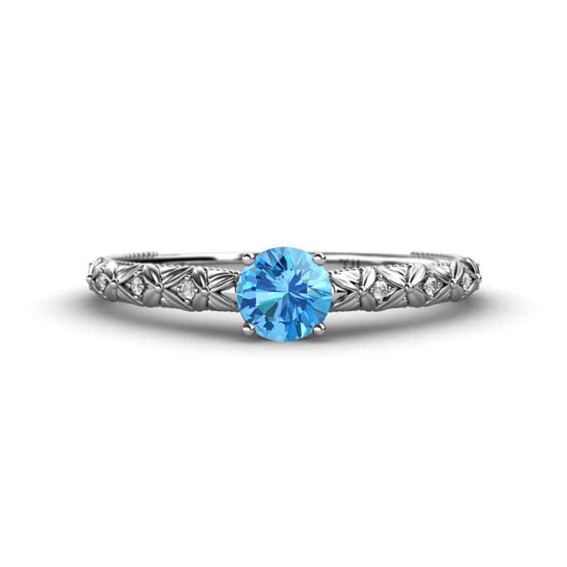 Daisy Classic Round Blue Topaz and Diamond Floral Engraved Engagement Ring 