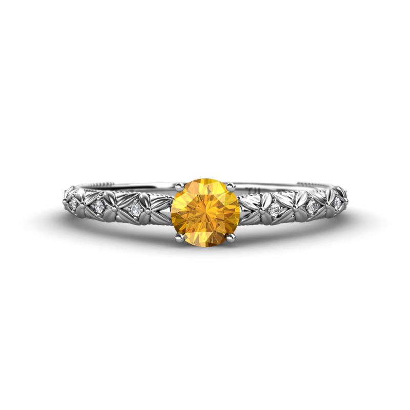 Daisy Classic Round Citrine and Diamond Floral Engraved Engagement Ring 
