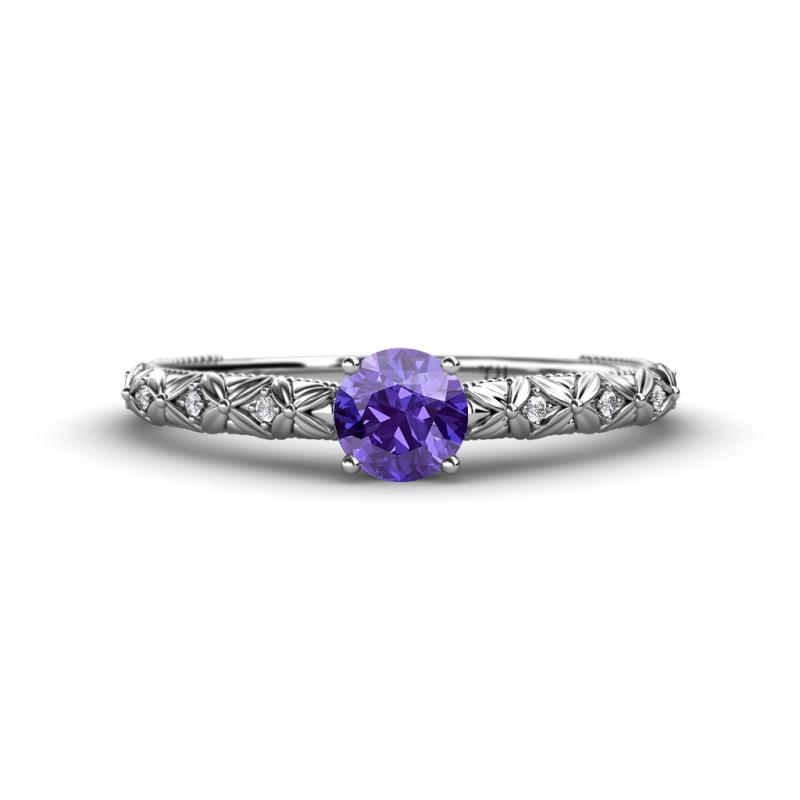 Daisy Classic Round Iolite and Diamond Floral Engraved Engagement Ring 
