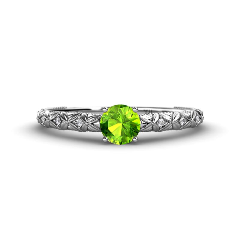 Daisy Classic Round Peridot and Diamond Floral Engraved Engagement Ring 
