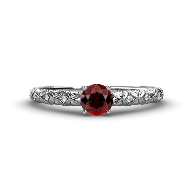 Daisy Classic Round Red Garnet and Diamond Floral Engraved Engagement Ring 