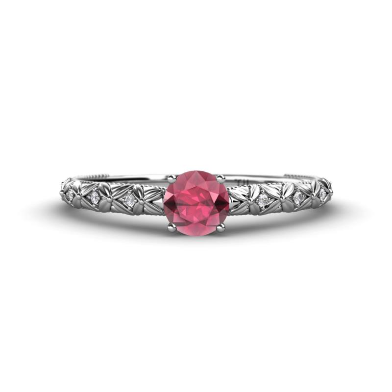 Daisy Classic Round Rhodolite Garnet and Diamond Floral Engraved Engagement Ring 