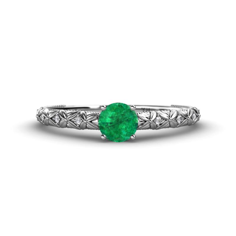 Daisy Classic Round Emerald and Diamond Floral Engraved Engagement Ring 