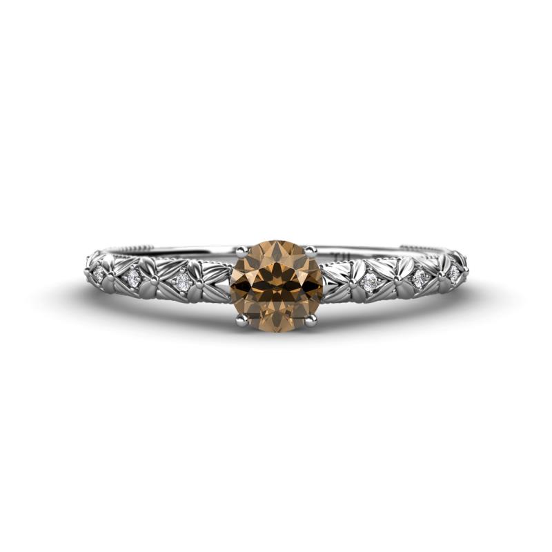 Daisy Classic Round Smoky Quartz and Diamond Floral Engraved Engagement Ring 