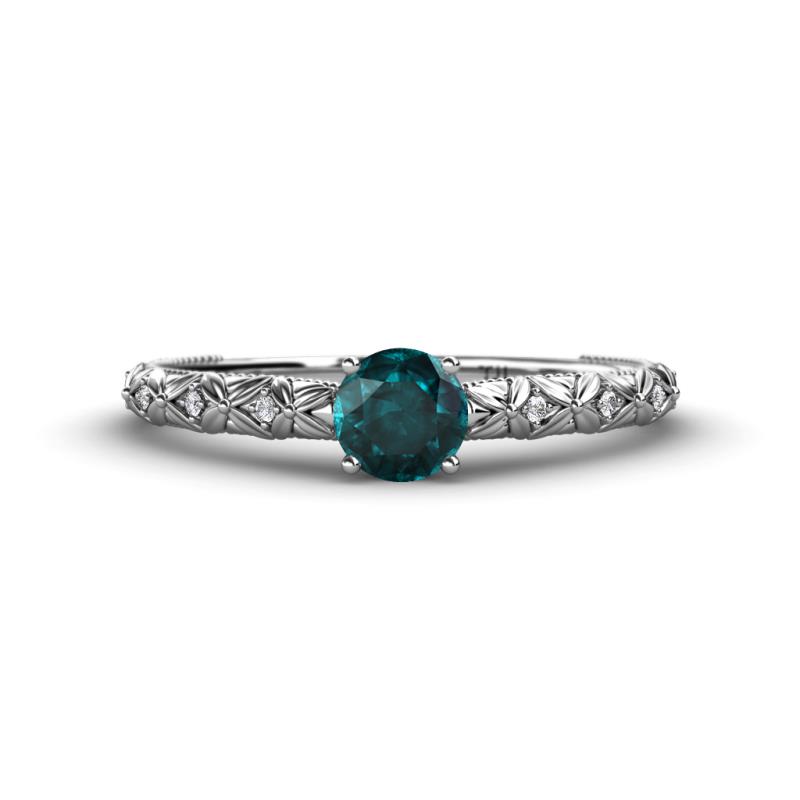Daisy Classic Round London Blue Topaz and Diamond Floral Engraved Engagement Ring 