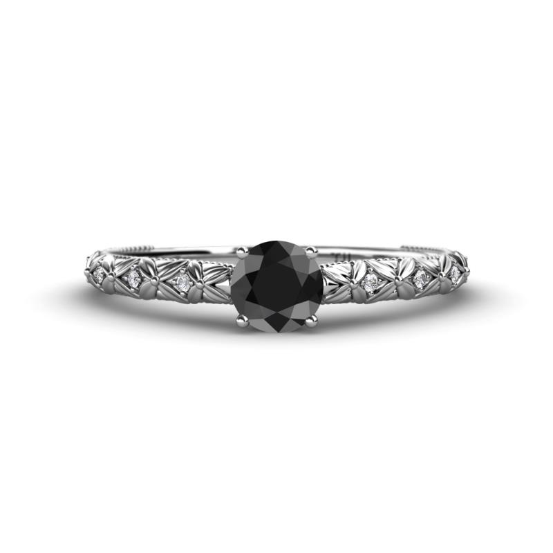 Daisy Classic Round Black and White Diamond Floral Engraved Engagement Ring 