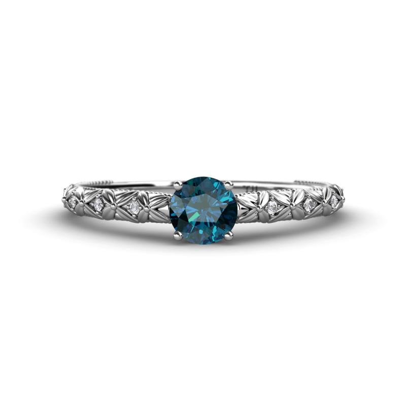 Daisy Classic Round Blue and White Diamond Floral Engraved Engagement Ring 