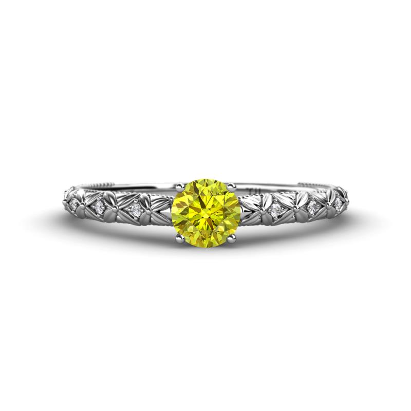 Daisy Classic Round Yellow and White Diamond Floral Engraved Engagement Ring 