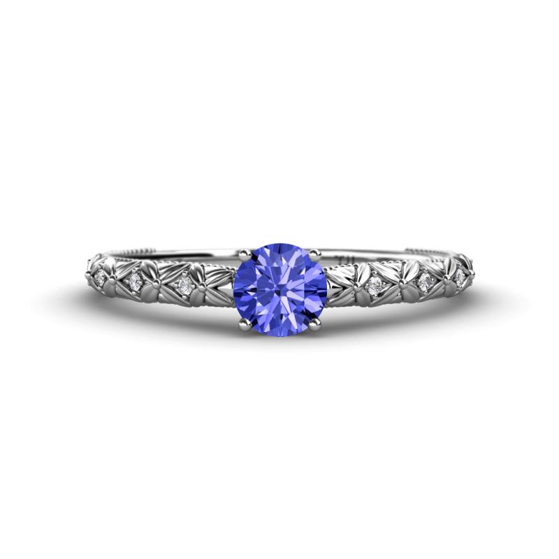 Daisy Classic Round Tanzanite and Diamond Floral Engraved Engagement Ring 