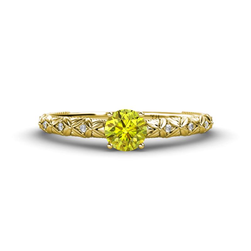 Daisy Classic Round Yellow and White Diamond Floral Engraved Engagement Ring 