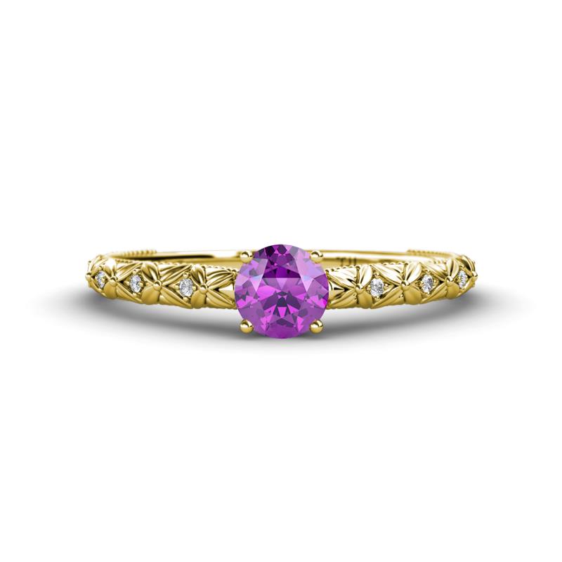 Daisy Classic Round Amethyst and Diamond Floral Engraved Engagement Ring 
