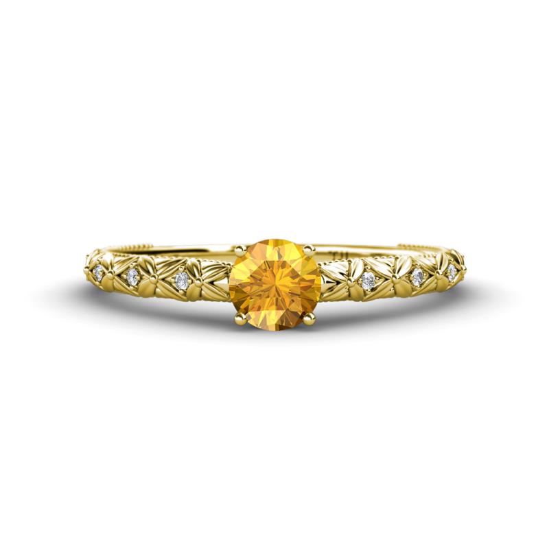 Daisy Classic Round Citrine and Diamond Floral Engraved Engagement Ring 