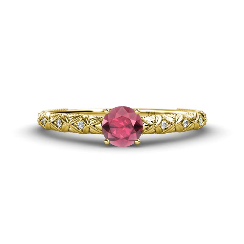 Daisy Classic Round Rhodolite Garnet and Diamond Floral Engraved Engagement Ring 