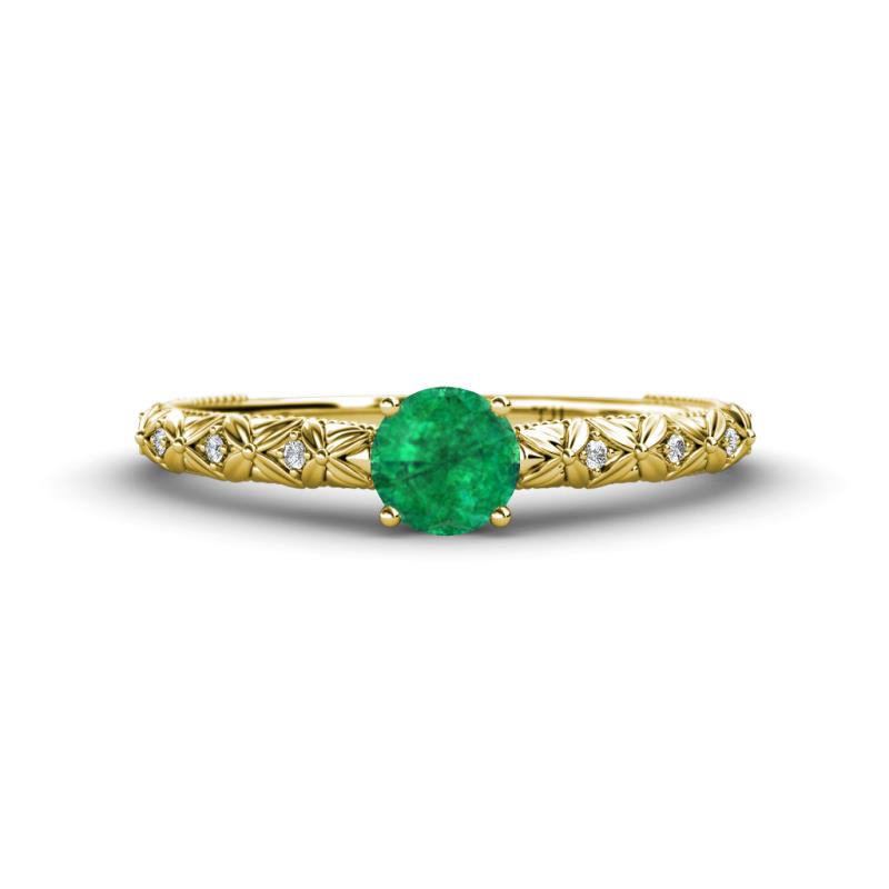 Daisy Classic Round Emerald and Diamond Floral Engraved Engagement Ring 