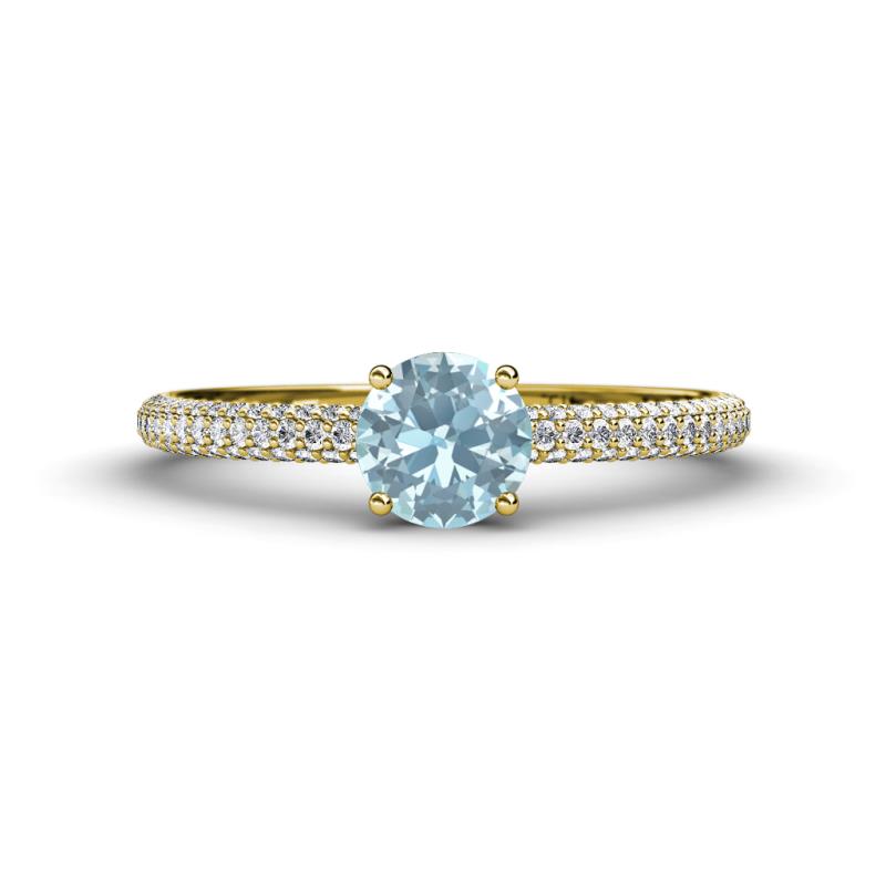 Serina Classic Round Aquamarine and Diamond 3 Row Micro Pave Shank Engagement Ring 