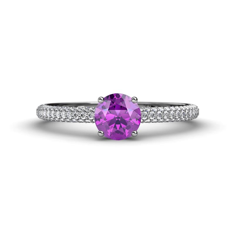 Serina Classic Round Amethyst and Diamond 3 Row Micro Pave Shank Engagement Ring 