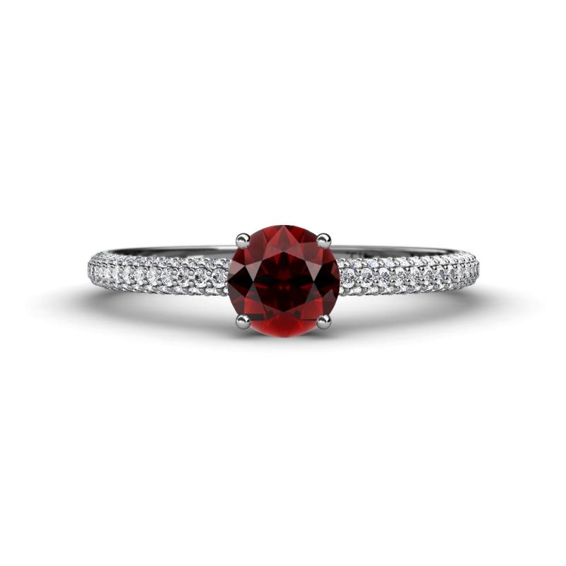 Serina Classic Round Red Garnet and Diamond 3 Row Micro Pave Shank Engagement Ring 