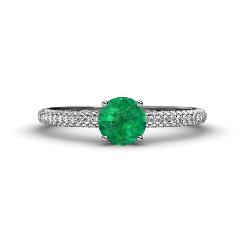 Serina Classic Round Emerald and Diamond 3 Row Micro Pave Shank Engagement Ring 
