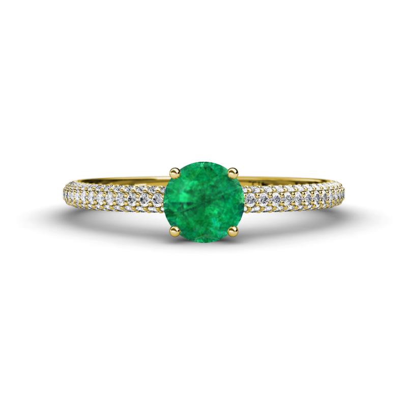 Serina Classic Round Emerald and Diamond 3 Row Micro Pave Shank Engagement Ring 