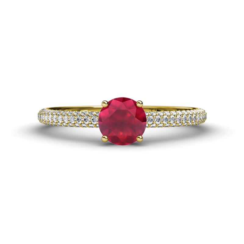 Serina Classic Round Ruby and Diamond 3 Row Micro Pave Shank Engagement Ring 