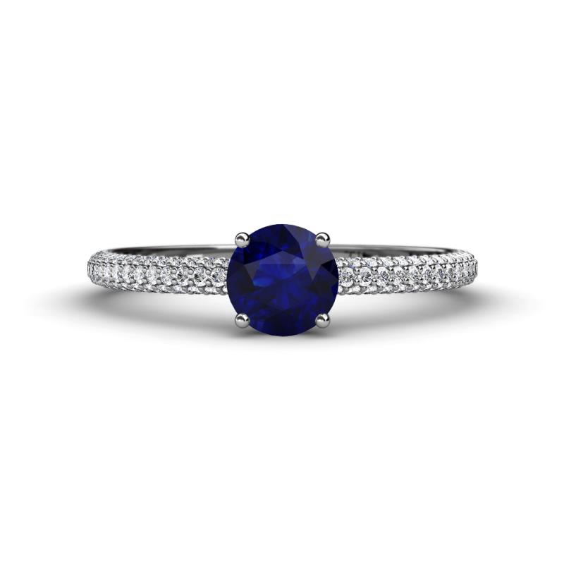 Serina Classic Round Blue Sapphire and Diamond 3 Row Micro Pave Shank Engagement Ring 