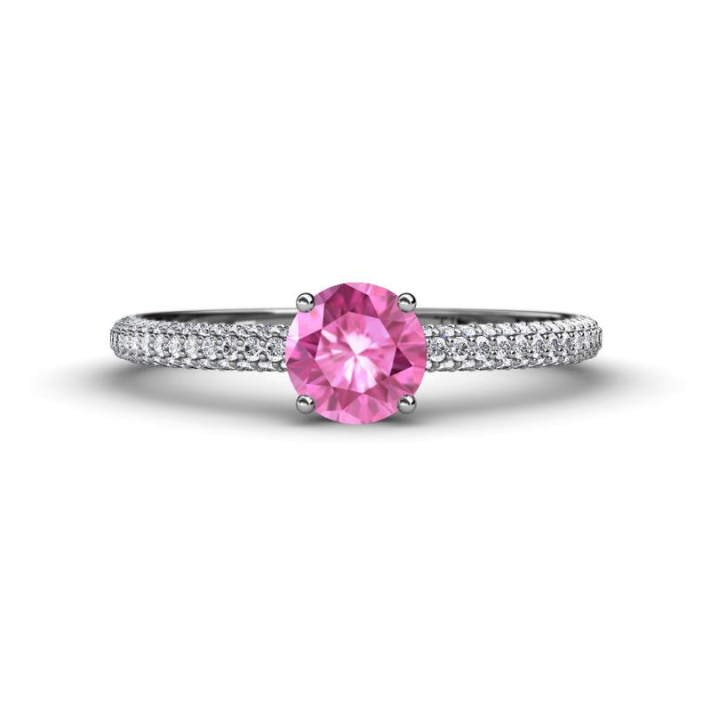 Serina Classic Round Pink Sapphire and Diamond 3 Row Micro Pave Shank Engagement Ring 
