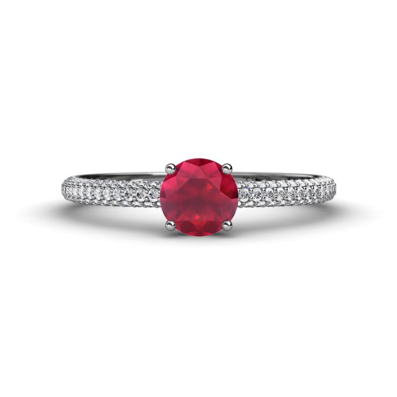 Serina Classic Round Ruby and Diamond 3 Row Micro Pave Shank Engagement Ring 